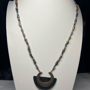 Boho Gold Tone and Beaded Wood‎ Pendant Necklace